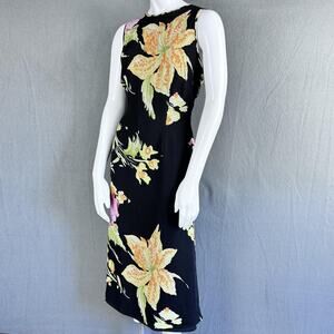 Talbots‎ Dress 12P Pure Silk Black Floral Sleeveless Midi Vtg Hawaiian Botanical